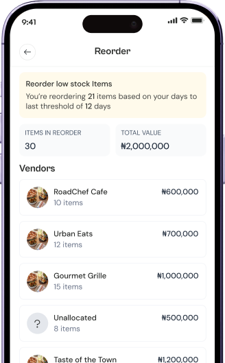Stocknerd reorder screen listing low-stock items and vendor totals